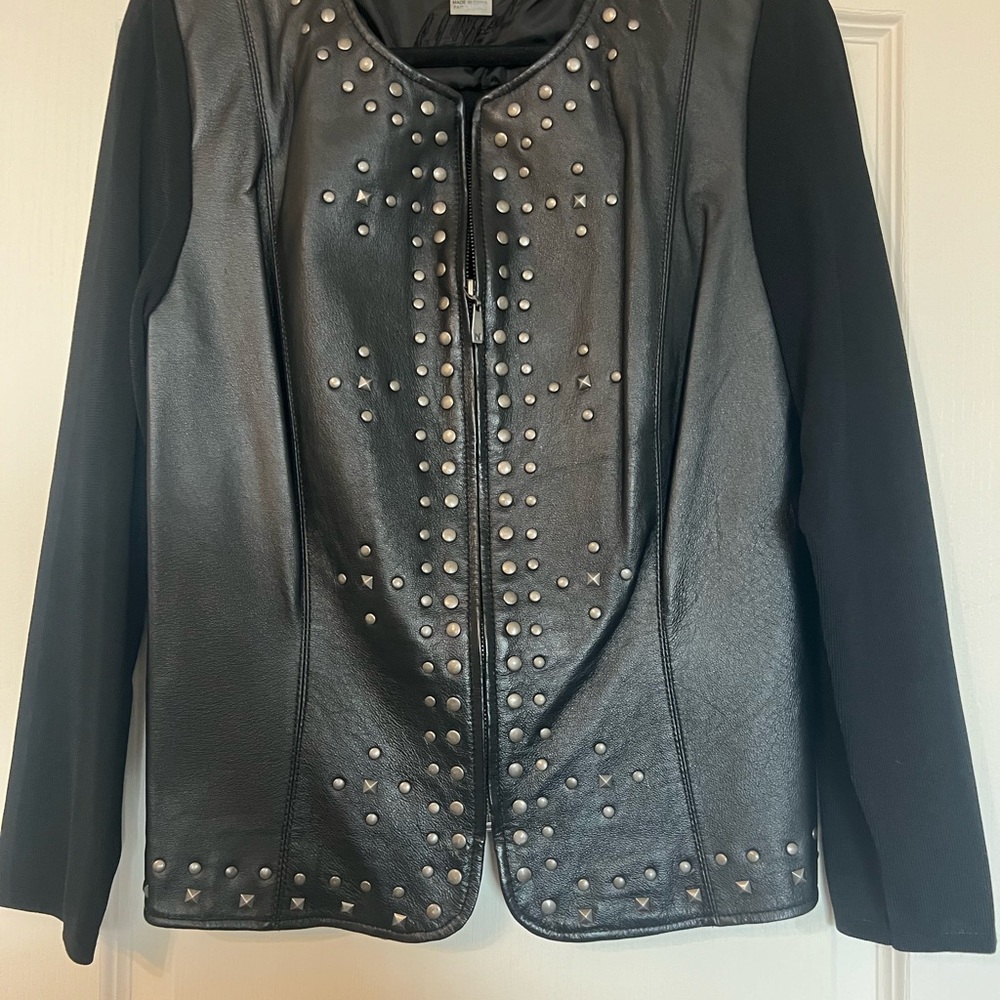 Peter Nygard Petites size Large black leather sweater jacket.